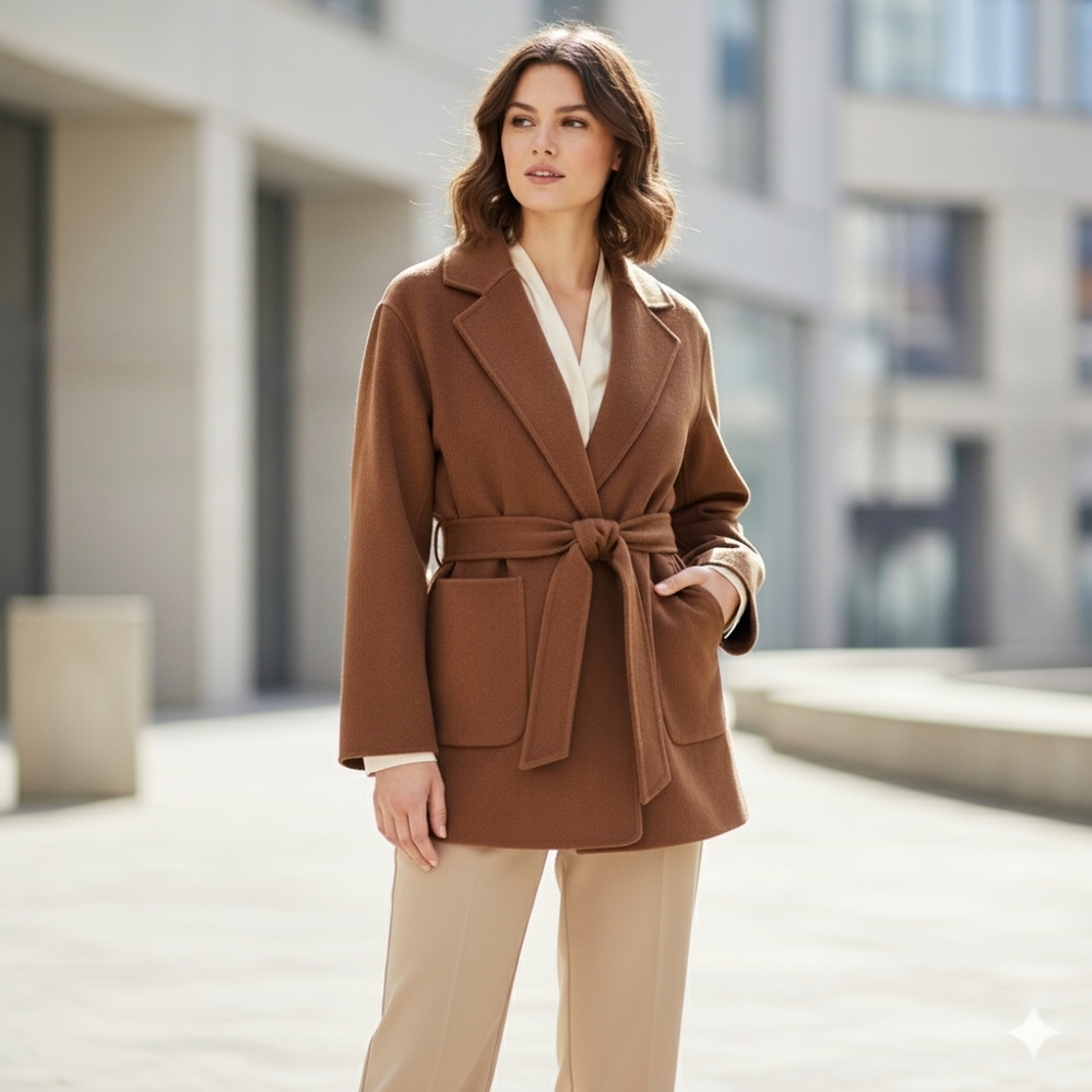 Handmade Double Faced Wool Belted Short Trench Jacket Coat Camel S
